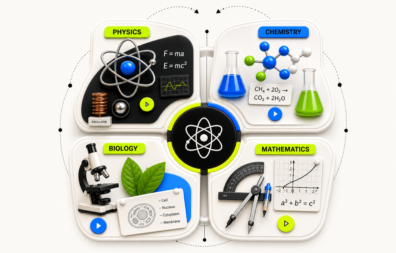 Generated Exam Oracle subject hub with Physics, Chemistry, Biology, and Mathematics cards